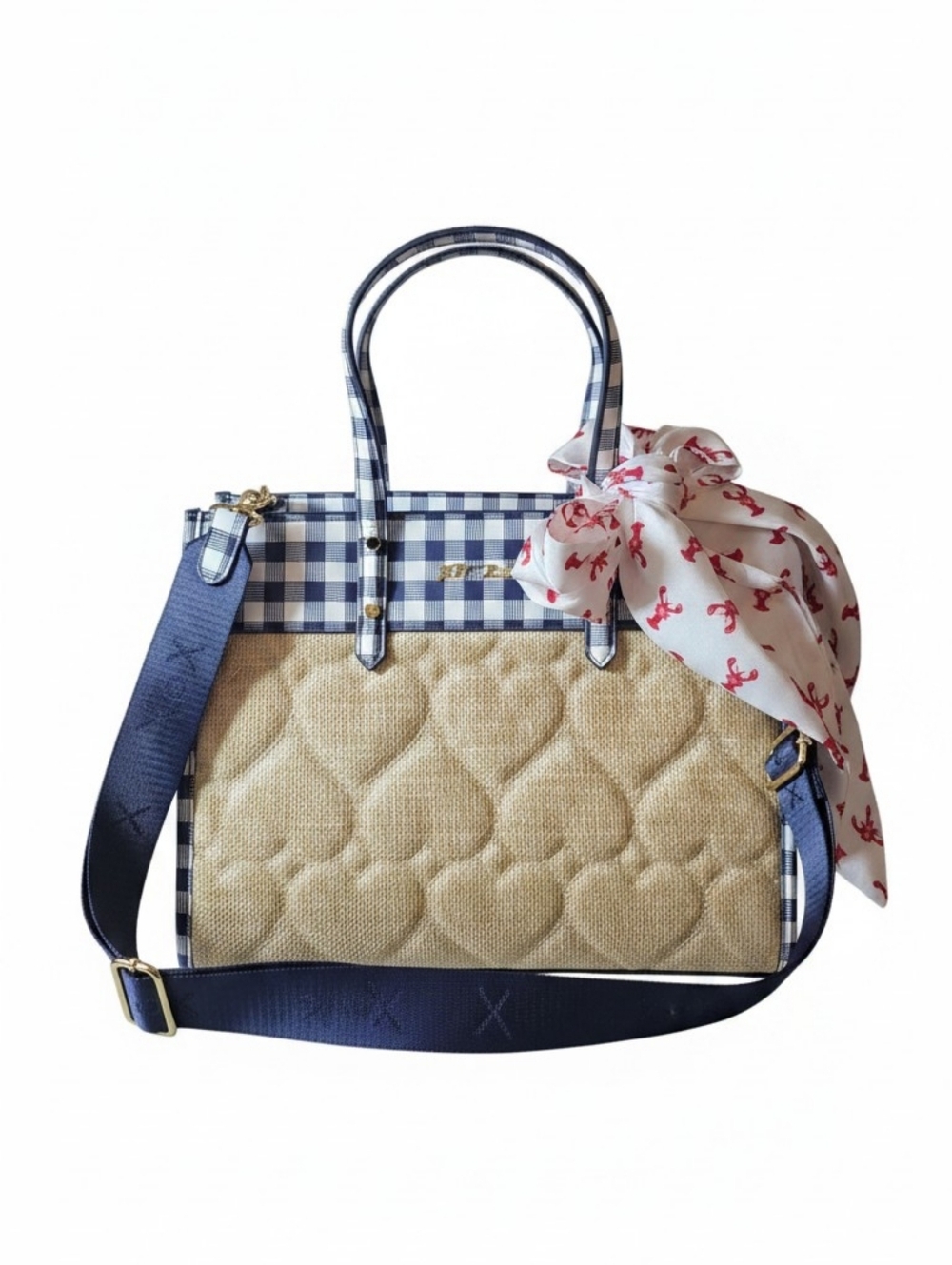 Nwt Betsy Johnsom Navy Gingham Trim Quilted Straw Tote with Scarf